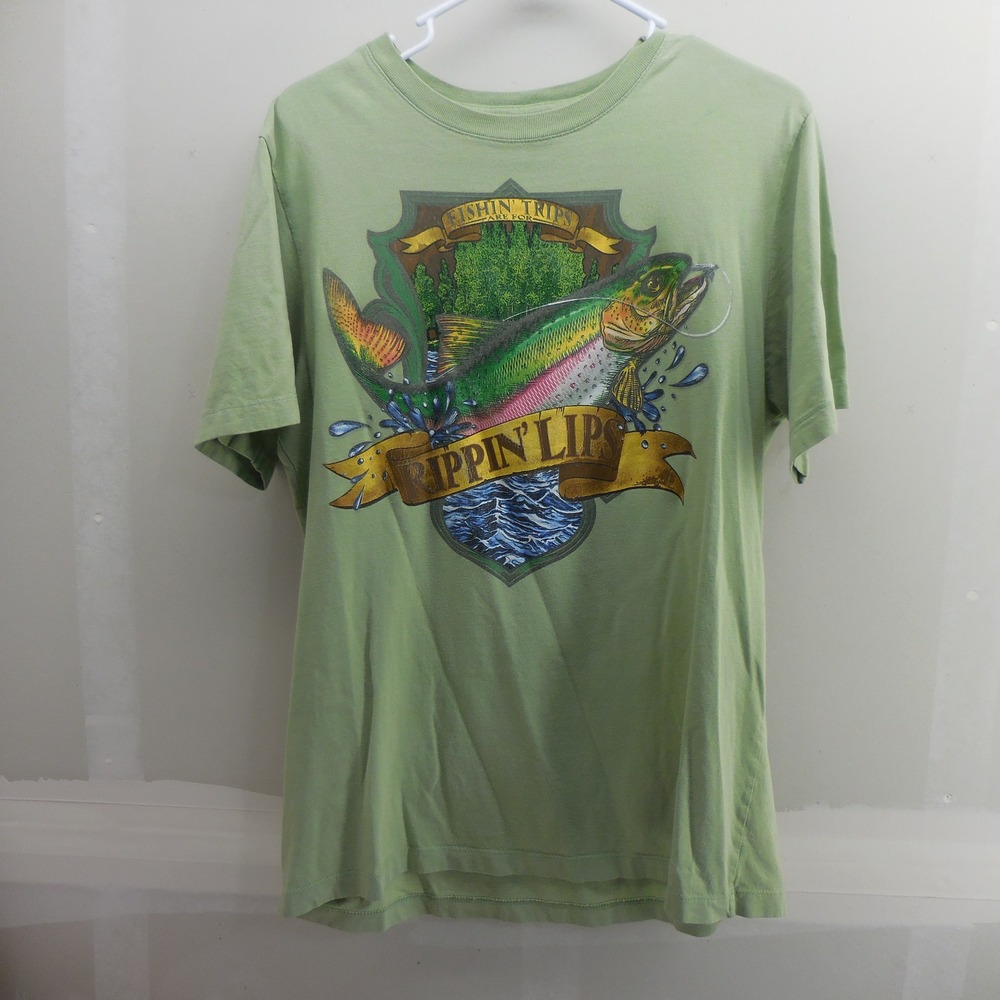 Rippin Lips Fishing Graphic T-Shirt Mens Large Green Trout Fishin Trips Cotton